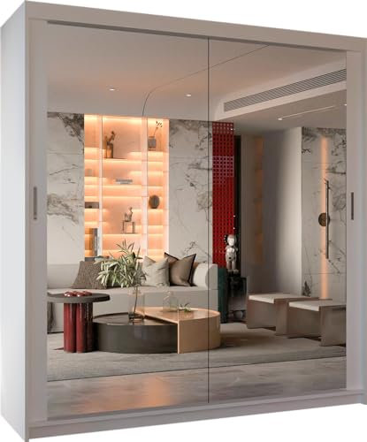 MN Furniture Double Sliding Doors Wardrobe Bedroom Furniture Cupboard Clothes Storage Organiser Hanging Rail Shelves (150 CM, WHITE)