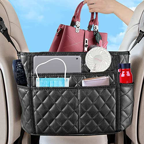 NganSuRong Car Seat Organiser Kids,Car Net Pocket Handbag Holder Between Seats Back Seat Gap Organiser Purse Holder for Console Front Seat Storage Barrier (PU Multiple Pockets A)