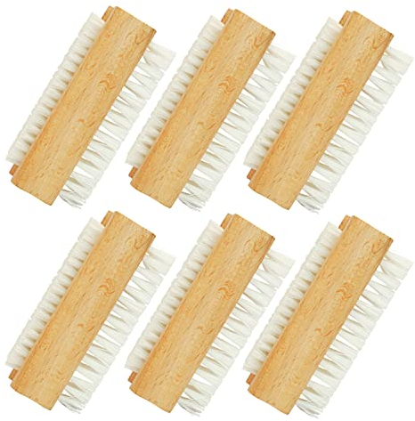 Wooden Nail Brush Double-sided Nail Cleaner with Plastic Bristles for Fingernail, Toenail Cleaning and Scrubbing (Pack of 6)