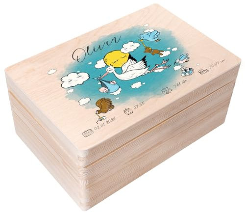 Creative Deco Erinnerungsbox Baby Personalisiert mit Namen - Storch Blau | Individuelle Erinnerungskiste Geschenk zur Geburt für Mädchen und Jungen | Holzkiste mit Deckel | Farbdruck