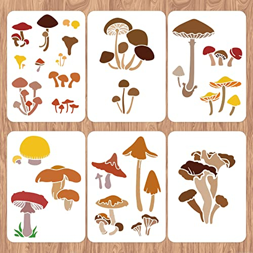 INFUNLY 6pcs Mushroom Wall Stencils for Painting 11.7x8.3 Tile Stencil Set Reusable Plastic Wall Stencils Template for Painting on Wood Wall Furniture Floor Tiles Fabric DIY Home Decor