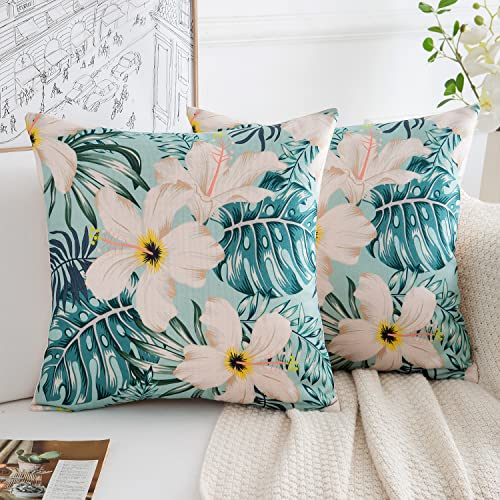 Kissenbezug Grüne Blätter Blumen Outdoor Kissen Tropische Pflanze Dekorative Kissenhülle Sofakissen Zierkissen Couchkissen Dekokissen Bezug für Sofa Couch Wohnzimmer Schlafzimmer 40x40 cm 2er Set