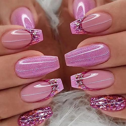 24PCS Long False Nails with Glue Stickers,Coffin Full Cover Acrylic and Press on Nails no Glue, Purple Glitter French Fake Nails Stick for Women and Girls Nail Art