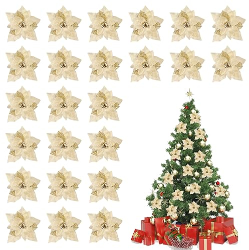 Volumoon 24 Stück Künstliche Weihnachtsstern-Blumen, Glitzernde Weihnachtsblumen aus Künstlichem Stoff, Weihnachtsbaumschmuck, für Kränze, Girlande, Hochzeit, Party, Festival, Ornament (Gold)