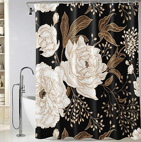 BIVINAR Rideau de douche en tissu imperméable avec 12 crochets - Motif floral noir et doré - 183 x 183 cm