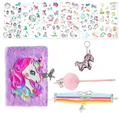 MEMOFYND 1 juego de caballo arcoíris, cuaderno morado con candado, pulsera tejida colorida, colgante de lentejuelas, bolígrafo de gel con pompón, pegatinas, diario, regalo de cumpleaños para niñas