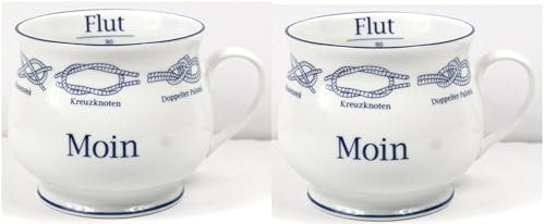 Generisch 2er Set Kugelbecher Knoten MOIN Ebbe Flut 400ml Porzellan Becher maritimer Kaffeebecher