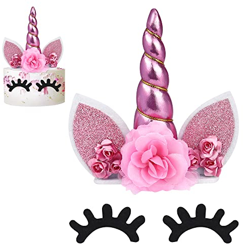 Unicorn Cake Toppers with 1 Pair Eyelashes, Cake Decorations Handmade Flowers Unicorn Horn Ears Happy Birthday Glitter Cupcake Topper Party for Xmas Christmas Kids Baby Shower Birthday (pink)