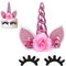 Unicorn Cake Toppers with 1 Pair Eyelashes, Cake Decorations Handmade Flowers Unicorn Horn Ears Happy Birthday Glitter Cupcake Topper Party for Xmas Christmas Kids Baby Shower Birthday (pink)