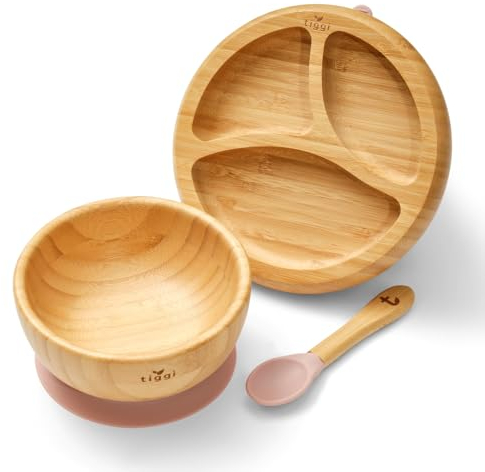Baby Weaning Set by Tiggi, Baby Feeding Set, Complete with Suction Plate and Baby Bowls for Weaning, Toddler Plates and Bowls Sets, Baby Weaning Essentials for Mess-Free Baby Led Weaning (Dusky Pink)
