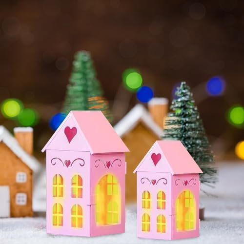 2 Stück Lichthaus Weiss Teelichthalter Metall Windlicht Weihnachtsdeko Häuser,Weihnachtshaus Weiß Kerzenständer Laterne mit LED Kerzen Dekorative Teelichthaus für Home Tischdekoration (Rosa)