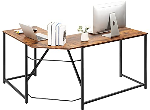 GYMAX Eckschreibtisch, L-förmiger Computertisch mit Metallrahmen & rutschfesten Füßen, Bürotisch, Gaming-Tisch für Wohnzimmer & Büro, 148 x 120 x 75 cm (Dunkelbraun)