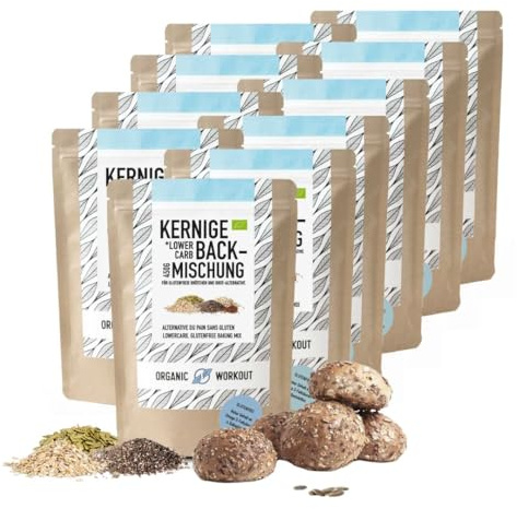 Kerniges LOWER-CARB-BROTBACKMISCHUNG 10x450g – Bio, vegan, glutenfrei, Saatenbrot, proteinreiches Brot, Lebensmittel ohne Getreide, Organic Workout