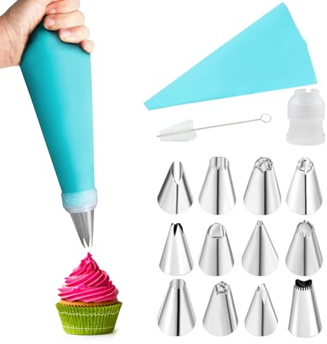 Cake Piping Bags and Nozzles Kit 15 Pcs Cake Decorating Supplies Kit with Silicone Icing Piping Cream Pastry Bag and 12 Piping nozzles, 1 Coupler, 1 Cleaning Brush for Cake DIY Cookies Pastry