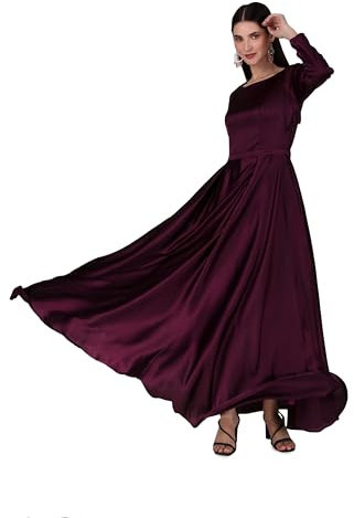 Estationeryhouse Elegantes Maxikleid mit langen Ärmeln, Satin, Abaya, seitlicher Reißverschluss, Satin, Plissee, Dupatta nicht im Lieferumfang enthalten, wein, 38