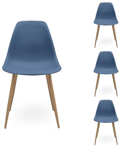 Homely – Pack 4 Sillas Comedor Cairo Nordic | Diseño Nórdico | Asiento de Polipropileno | Patas Metálicas Acabado Madera | Dormitorio, Cocina, Comedor, Estudio | 46x54x84cm | Color Azul