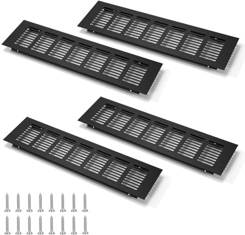 HRS Lüftungsgitter 4 Stück Lüftungsgitter Schwarz 80mm x 400mm, Lüftungsgitter Rechteckig, Belüftungsgitter Abluftgitter, Lüftungsgitter Aluminium für Arbeitsplatte, Schuhschrank, Küche, Schränke