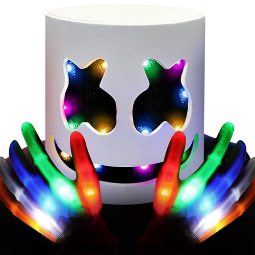 DJ LED Maske, Latex DJ Maske Halloween Maske, Erwachsene LED Maske | LED Glow Handschuhe Leuchtende Latex Helmmaske, Für Frauen und Männer Halloween Kostüme Cosplay Party Requisiten