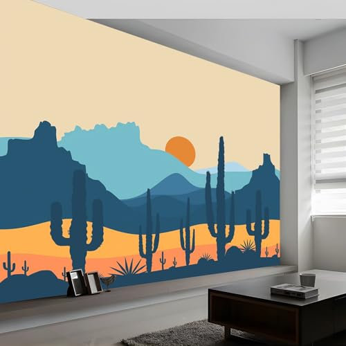 Papier Peint Panoramique Montagnes De Cactus Du Désert, 3D Peinte Style Dessin Animé Intissé Murale, 350 x 256 cm (WxH) Photo Murale pour Salon Chambre d'enfants restaurant Décoration Murale