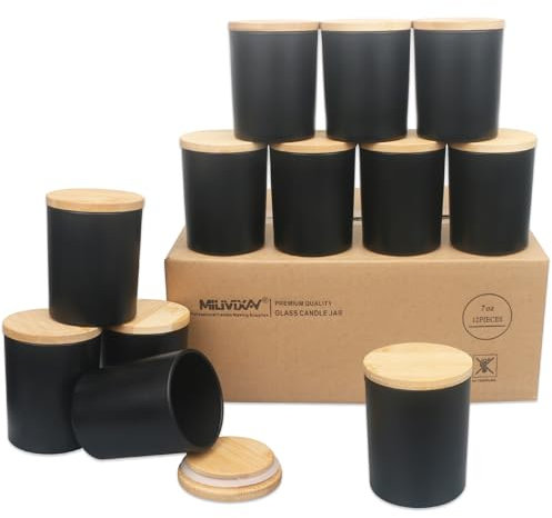 MILIVIXAY 12 Pack 7 OZ Matte Black Thick Glass Candle Jars with Lids - Bulk Empty Candle Jars for Making Candles - Spice, Powder Containers.