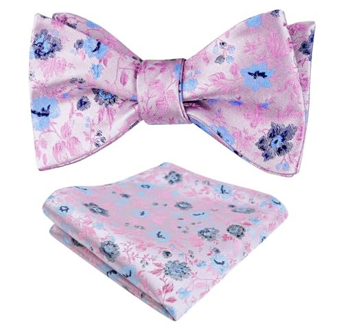 Alizeal Nœud papillon à nouer pour homme avec imprimé floral classique coloré pour fête de mariage avec carré de poche, 049-rose + bleu marine + bleu, taille unique