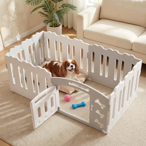 MAMIZO Welpenauslauf 60CM Hoch Welpenlaufstall, Laufstall Hund 5+1 PCS Platten, Plastik Welpenzaun, Hundeauslauf mit Tor, Inkl. Saugnäpfe & Erdanker, Drinnen Hundelaufstall für Wohnung, Grau-Weiß