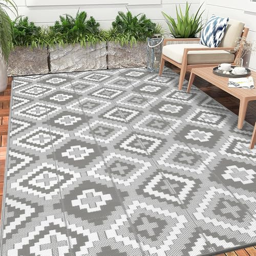 Enyhom Groß Außenteppich 240 x 300 cm, Robuster Flachgewebe Kunststoff Picknickdecke, Wendbarer UV-beständige Campingmatte, Wasserdicht Farbecht Balkonteppich für Outdoor RV Camping, Grau