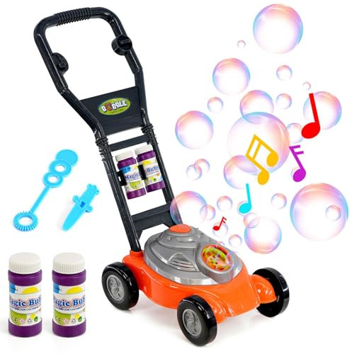 The Magic Toy Shop Red Bubble Maker Kids Bubble Mower with Solution Push along Bubble Machine Toy Lawnmower Outdoor toys