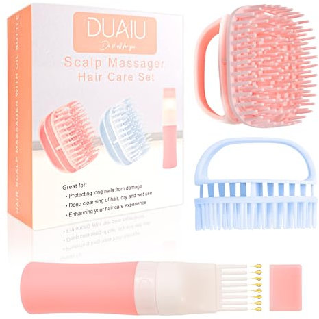 DUAIU Brosse Massage Cuir Chevelu avec Applicateur Huile Cheveux, Masseur Tete Cheveux Brosse Silicone Cheveux, Applicateur d'huile Capillaire pour Teinture et Soins des Cheveux (3PCS)