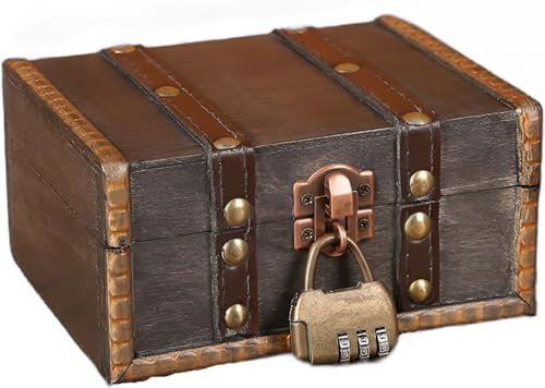 Ruikcoll Forziere del tesoro in legno vintage, con lucchetto a combinazione, scatola del tesoro in legno, stile vintage, per conservare e decorare regali,codice 0000