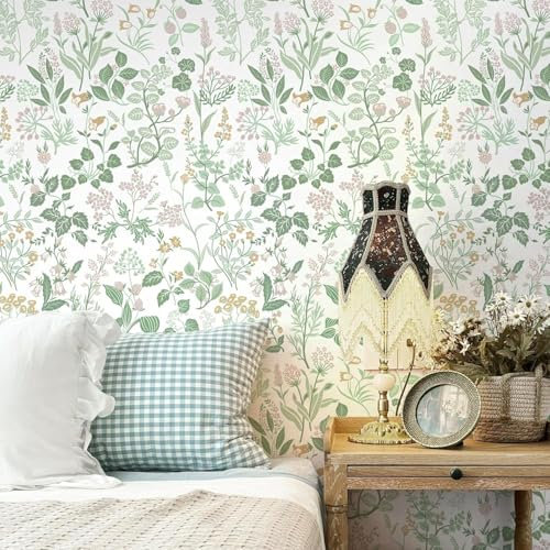 Yomshi Floral Self Adhesive Wallpaper 44×600cm Peel and Stick Wallpaper Leaf Wallpaper Green and Pink Vinyl Roll Film Waterproof for Living Room Furniture Cabinet Sticky Back Plastic