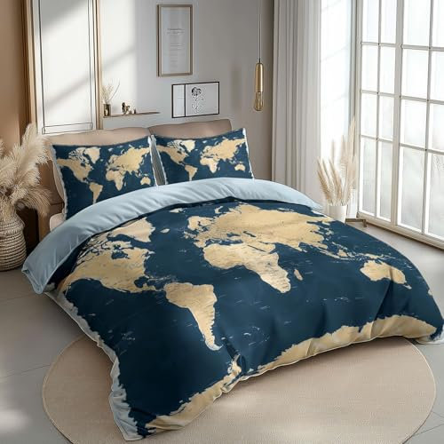 CozyRest Hellblau Bettwäsche 155 x 220 cm 3 teilig Kinder Bettbezug mit Reißverschluss, Vintage Weltkarte Muster Wendebettwäsche Set Wendedesign und Kissenbezug