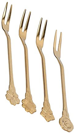 Nikou 4 tenedores de frutas de 2 puntas, mini tenedores de acero inoxidable para degustación de ensalada en casa, cocina, fiesta, acabado dorado, ideal para cócteles y aperitivos