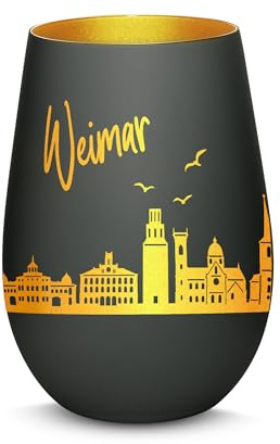 Gravur-Max Windlicht mit 360° Gravur Skyline Weimar Deko Glaslicht als tolles Geschenk mit Einer hochwertigen Lasergravur zu jedem Anlass in der Farbe Schwarz/Gold