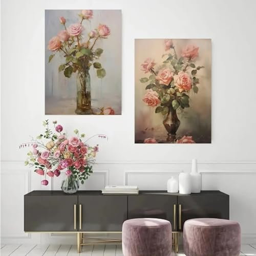 XBTYKPB Peinture à l'huile vintage florale, rose, marguerite, rétro, botanique, affiche sur toile, nature morte, art, décoration murale, 50 x 100 cm, sans cadre