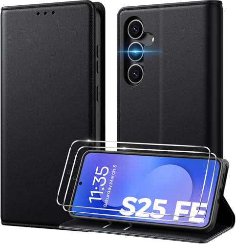 Peakally Handyhülle für Samsung Galaxy S25 FE Hülle, Schwarz | Mit 2 Panzer Schutz Glas, Kartenfach, RFID-Schutz, 360° Fallschutz, Ständer, Premium PU-Leder Klapphülle für Samsung S25 FE