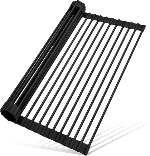 Escurreplatos plegable enrollable, resistente al calor, acero recubierto de silicona antideslizante, escurridor de platos para cocina, estante multiusos para fregadero de cocina (negro, 43 x 33 cm)