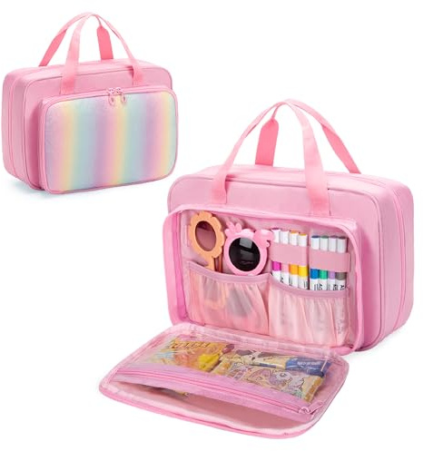 Kids Travel Toy Organizer with Hanging Hook, Storage Bags with Multi-compartments for Child’s Toys, Snack or Other Essentials, Water-resistant Toiletry Carrying Bag, Two Way Zipper, Pink (Bag Only)