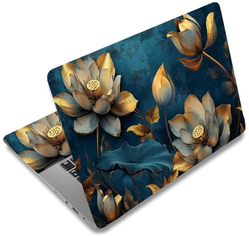 SUPERDANT Blaue Hintergrund Mit Lotus Laptop Skin Goldblatt Blume PVC Computer Aufkleber Staubdicht Wasserdicht Kunstdekal Schutz Für 12 13 13.3 14 15 15.4 15.6 Notebook Dekoration