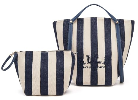 ELLE Blau-weiß gestreifte Eimertasche für Damen, Tragegriff oben, Schultertasche mit Make-up-Tasche für Reisen, Alltag und Freizeit