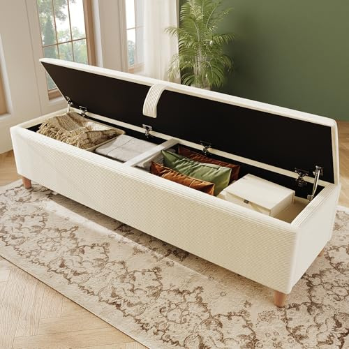 A ALFRESCOOL 165 x 38 cm Sitzbank mit Stauraum, Bettbank, Polsterbank mit Hydraulischem Stauraum, Aufbewahrungsbox, Geeignet für Schlafzimmer, Wohnzimmer und Flur, Cord-Optik(Beige)
