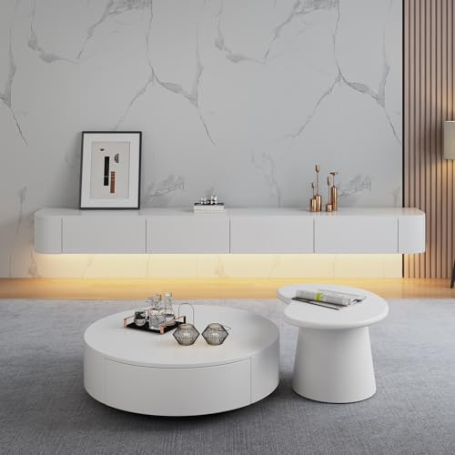 Btsunotr Schwebender TV-Ständer schwebender TV-Schrank Holz-Aufbewahrungsschrank unter dem TV modernes Entertainment-Unit mit 3/4 Stauraum Konsolen-Entertainment-Regal (White+LED, 240cm)