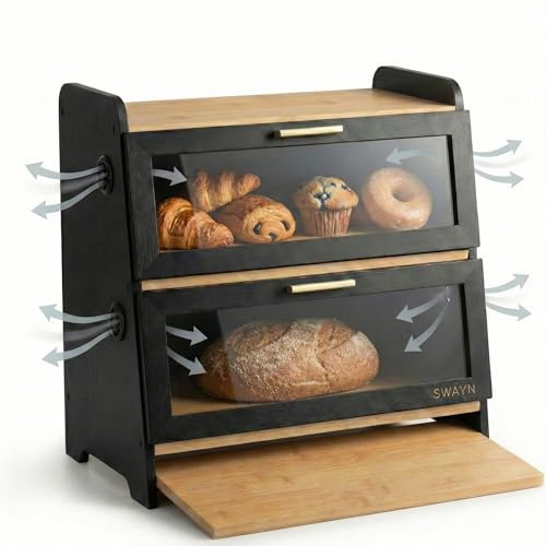 SWAYN Portapane in Bambù con Tagliere - Cassetta per il Pane a 2 Livelli con VENTILAZIONE REGOLABILE - Scatola per il Pane Grande per Massima Freschezza (Certificato FSC)