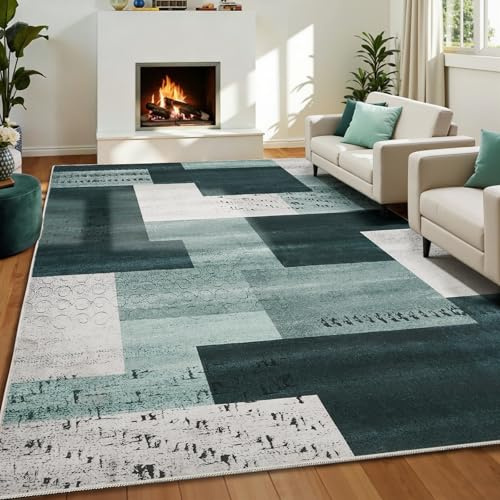 Puremy Moderner Teppich 160X220cm, Niedriger Flor Ultradünner, Grün & Multi | Waschbare Wohnzimmerteppich, Rutschfest Geometrisches Kariert Teppiche Rug für Schlafzimmer Esszimmer Büro und Kinderzimer
