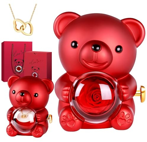 RNPKZ Ewige Rosen Bär Geschenk für Frauen, Ewige Rose Bär Teddy Geschenkbox, Rose Bear Gift Box, Ewige Rose mit Halskette, Muttertag Valentinstag Geburtstag Weihnachten Geschenke für Mama, Freundin
