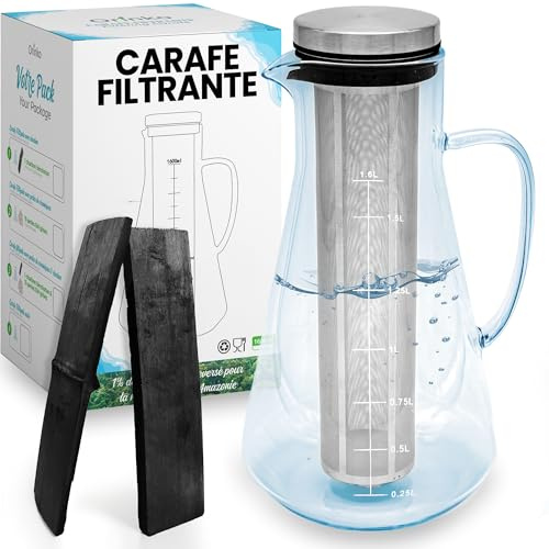 ORINKO Jarra filtrante de cristal 1,6 L + carbón Takesumi japonés x2 - carbón activado vegetal para purificación natural agua - filtración natural potente 2,5 L/palo - bambú japonés auténtico