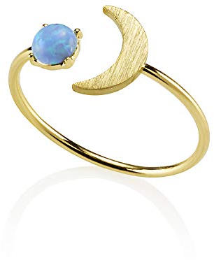 namana Opal-Ring für Damen, offener Goldring mit zierlichem gebürstetem Finish und einem sichelförmigen Mondmotiv mit einem künstlichen rosa Opal, verstellbarer Damenring, Gold Ring mit Stein