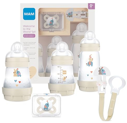 MAM Welcome to The World Gift Set with 3 Anti-Colic Bottles, Dummy, Dummy Clip, Beige