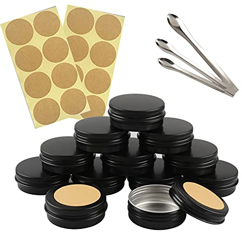 TIANZD 100 Stück Leere 30 ml Rund Matt Schwarz Aluminium Schraubdose Cremedose Alu-Tiegel Dosen mit Schraub-Deckel 15ml Aludose Blechdosen für Kosmetik Kerze Salben mit 3x Löffel 100x Etikette