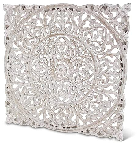 Wandpaneel Holzschnitzerei Bangladesch Weiß Antik 60 x 60cm | Safaary